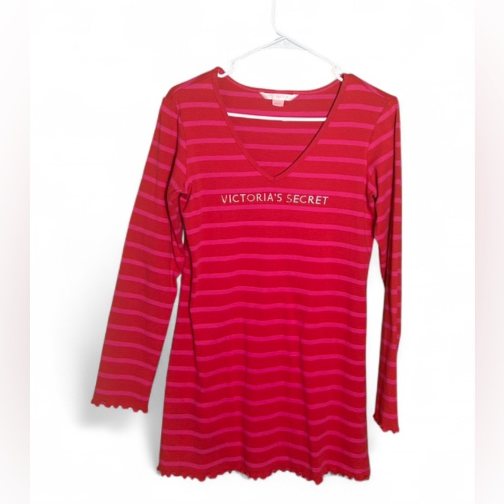 5/$25 Victoria's Secret Red and Pink Striped V-Neck Pajama Top